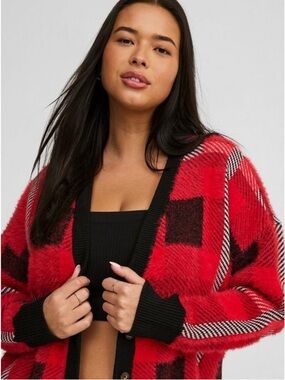Torrid Red and Black Plaid Cozy Cardigan